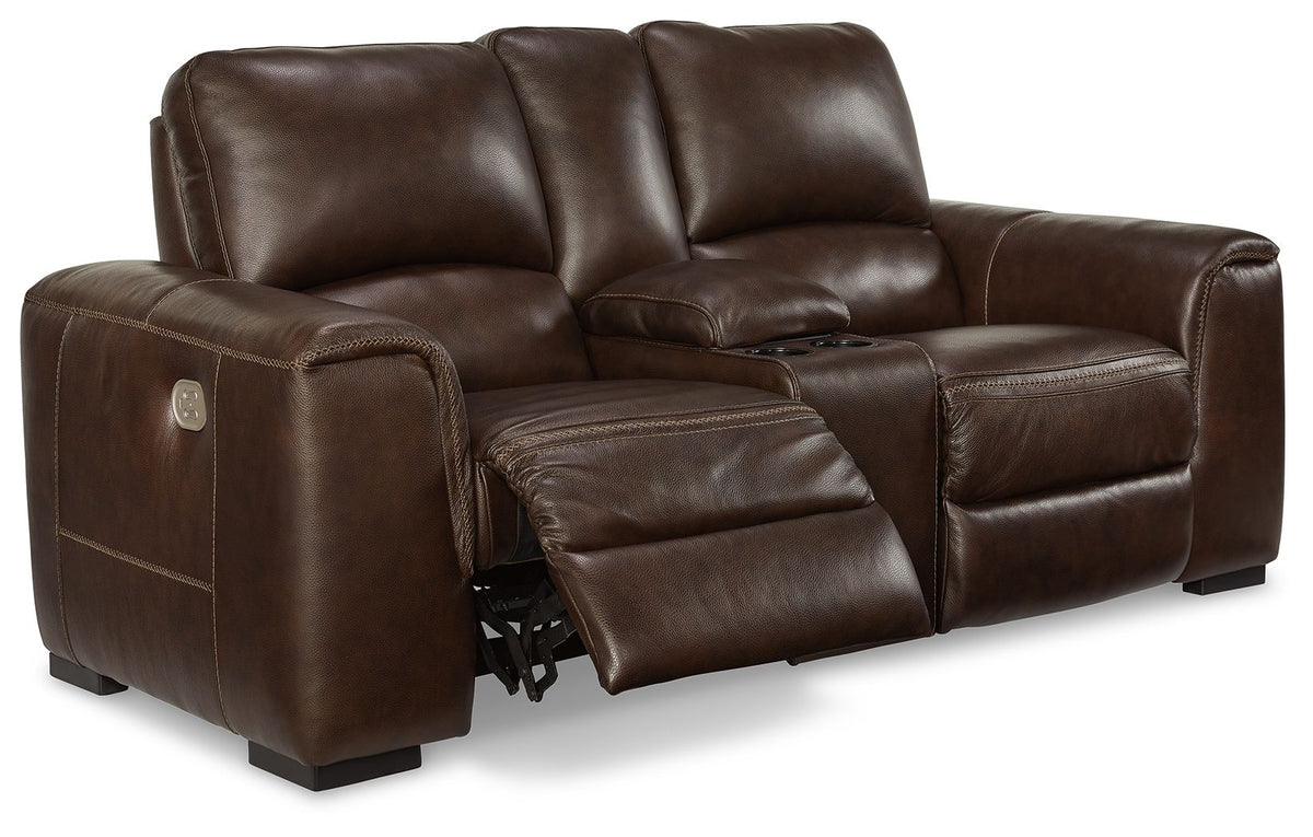 Brown leather reclining sofa on a white background