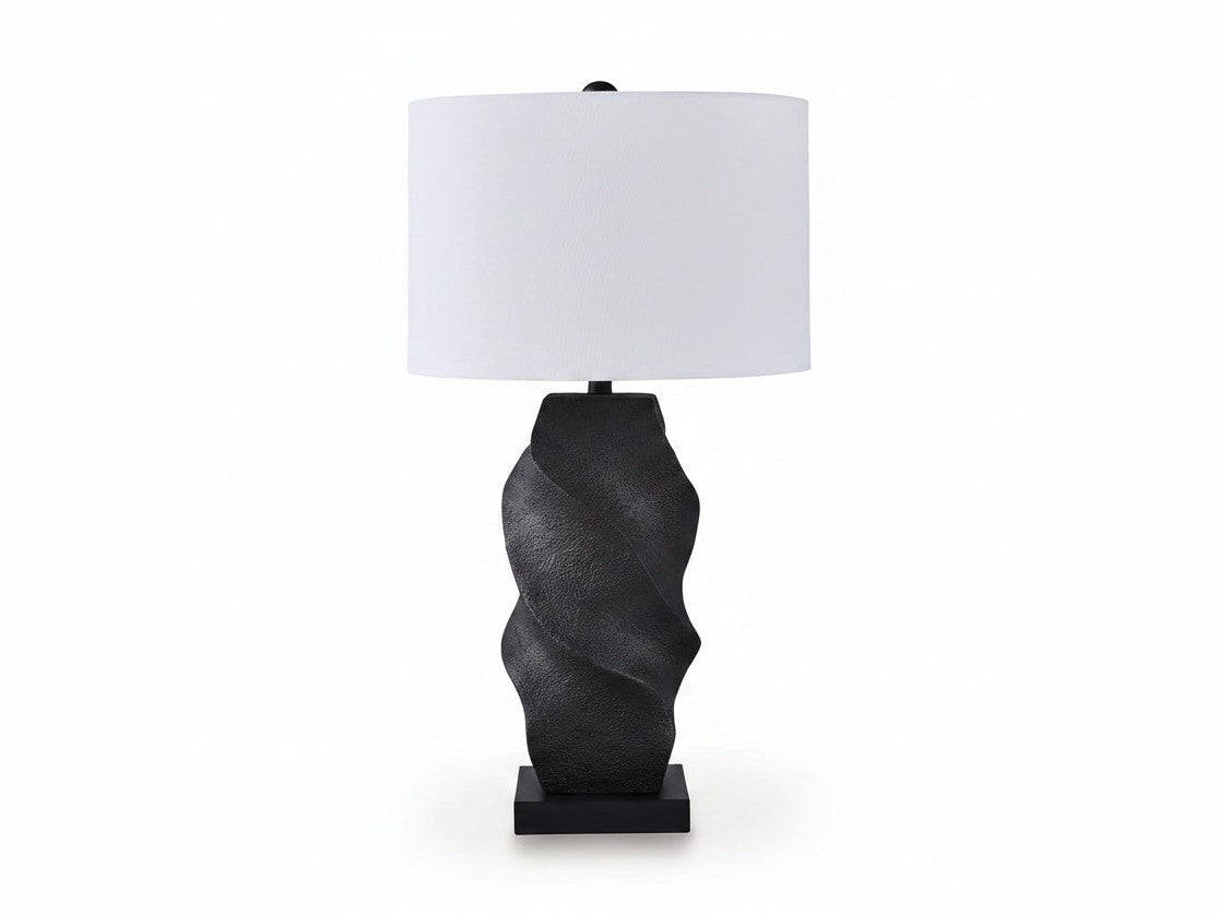 The Amillion table lamp with a black twisted base and white shade on a white background.