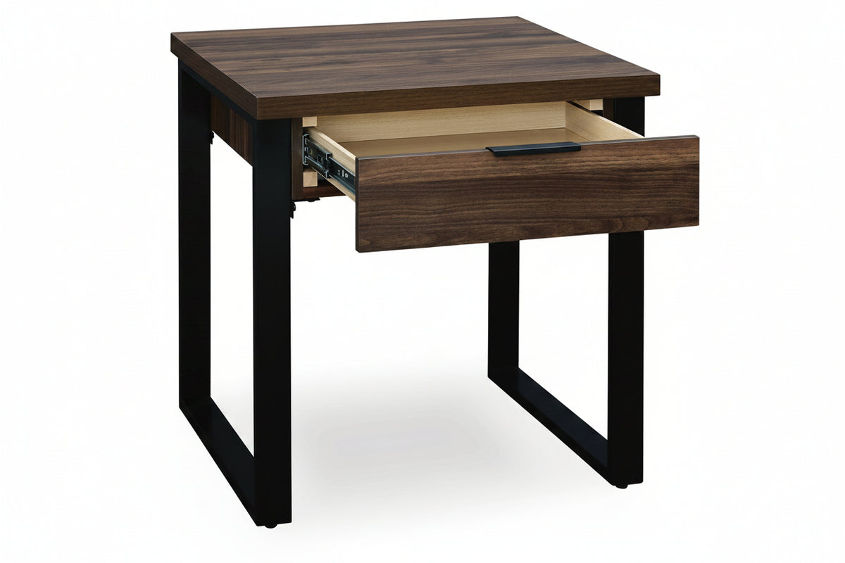 Wooden side table with a drawer on a white background