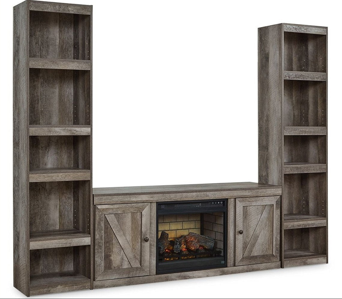 Wooden entertainment center with built-in fireplace and bookshelves on a white background