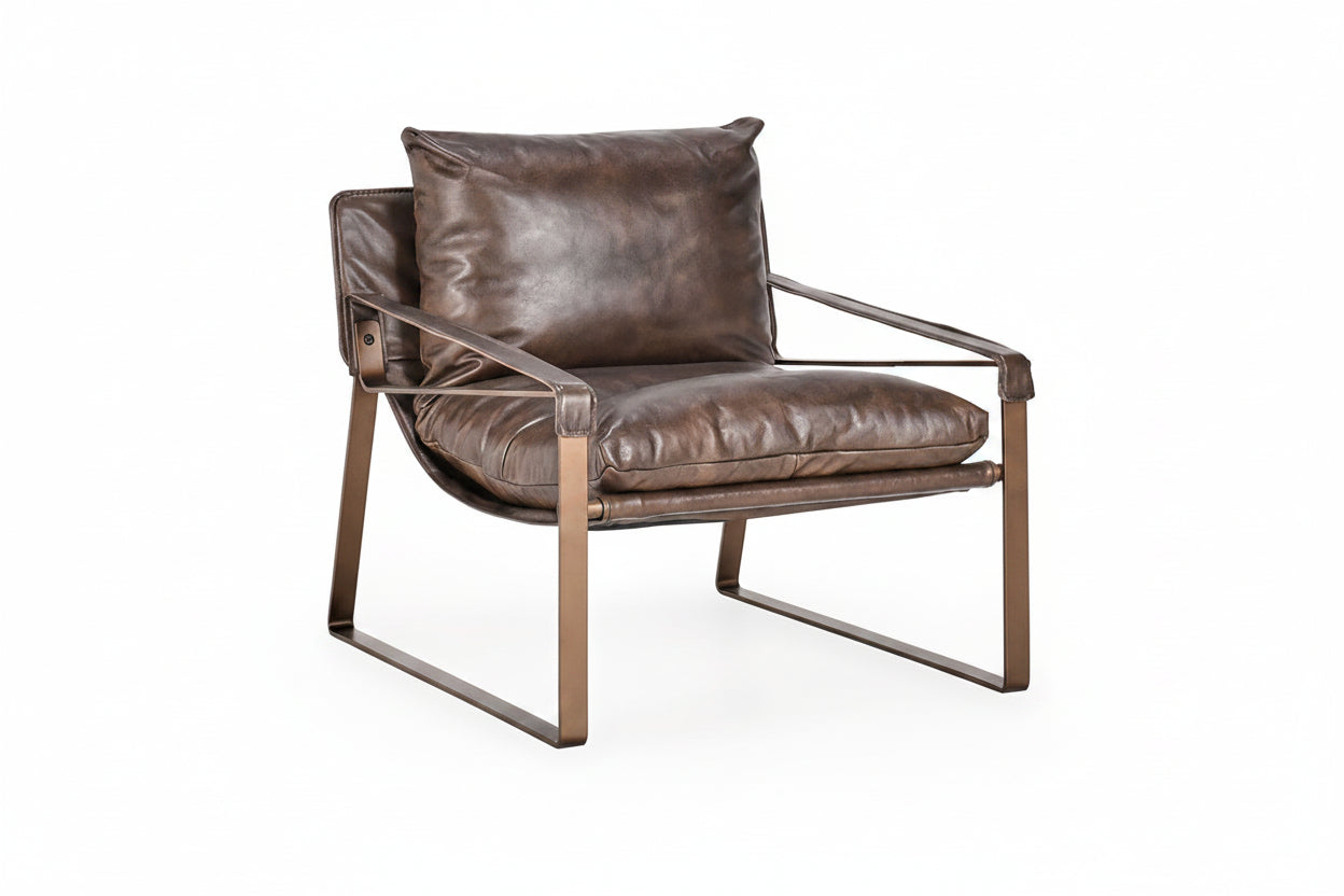 Truffle Brown leather armchair with metal frame on a white background