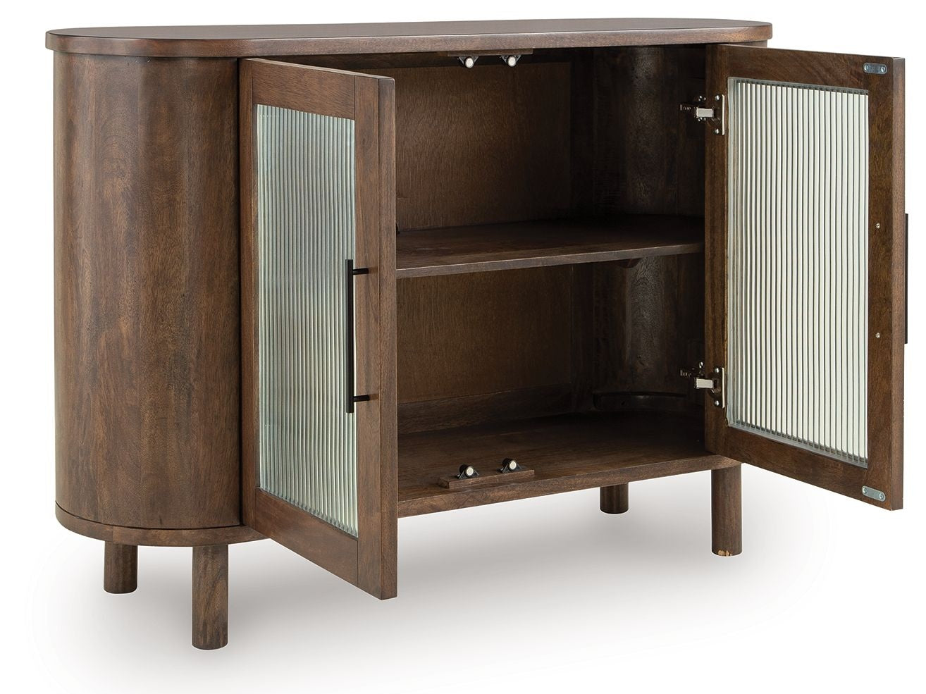 Wooden cabinet with open doors on a white background