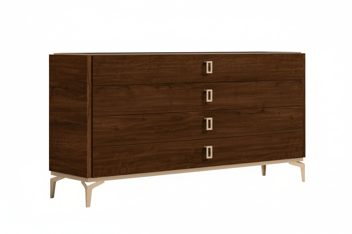 Wooden dresser with four drawers on a white background