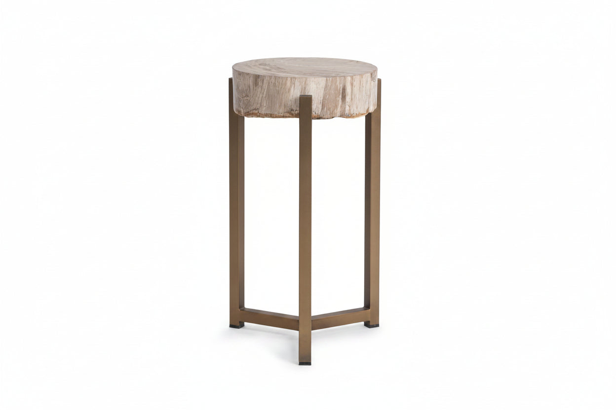 Round side table with wooden top and metal frame on a white background