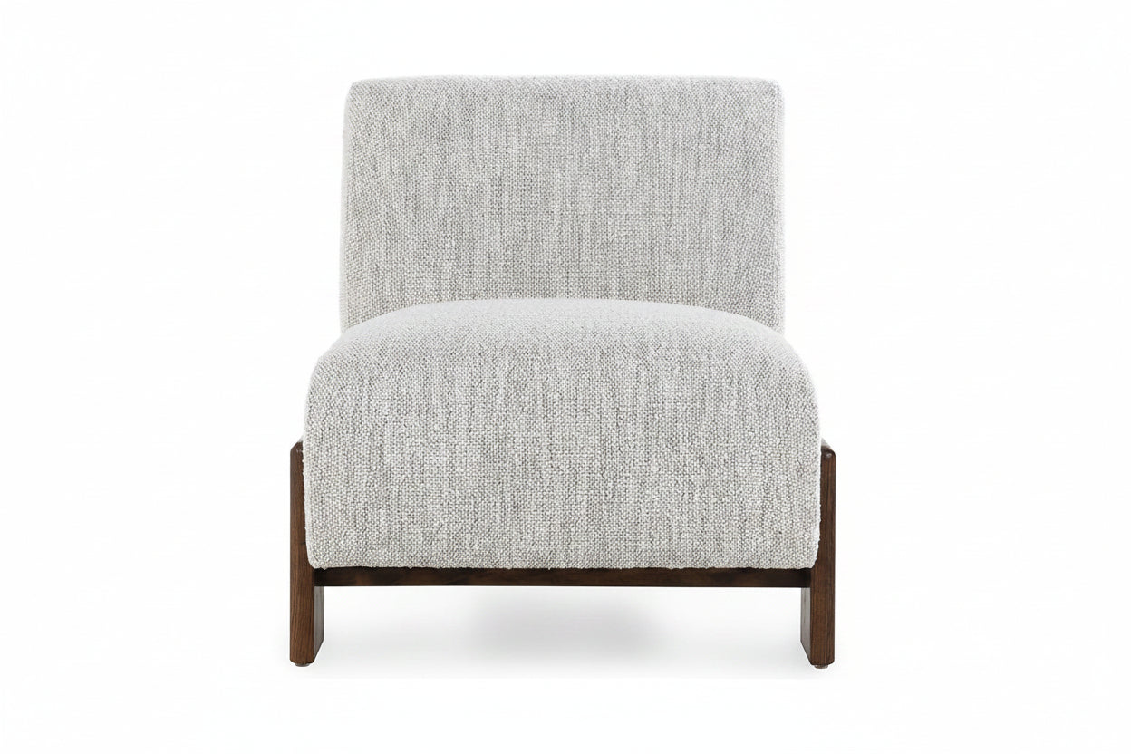 A modern accent chair with a light gray textured bouclé fabric upholstery and a dark brown wooden frame, shown from a straight-on perspective against a plain white background.