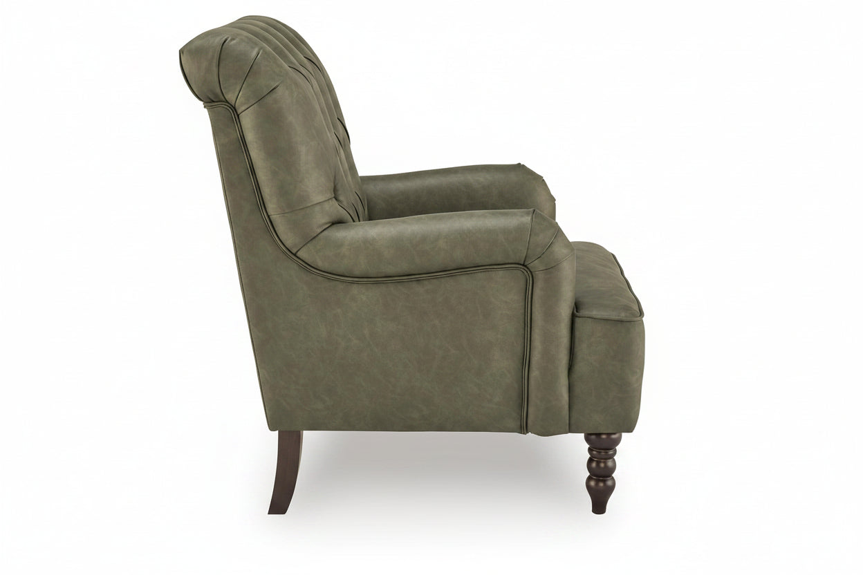 An olive green tufted armchair with dark brown turned wooden legs, shown from a side profile view against a white background.