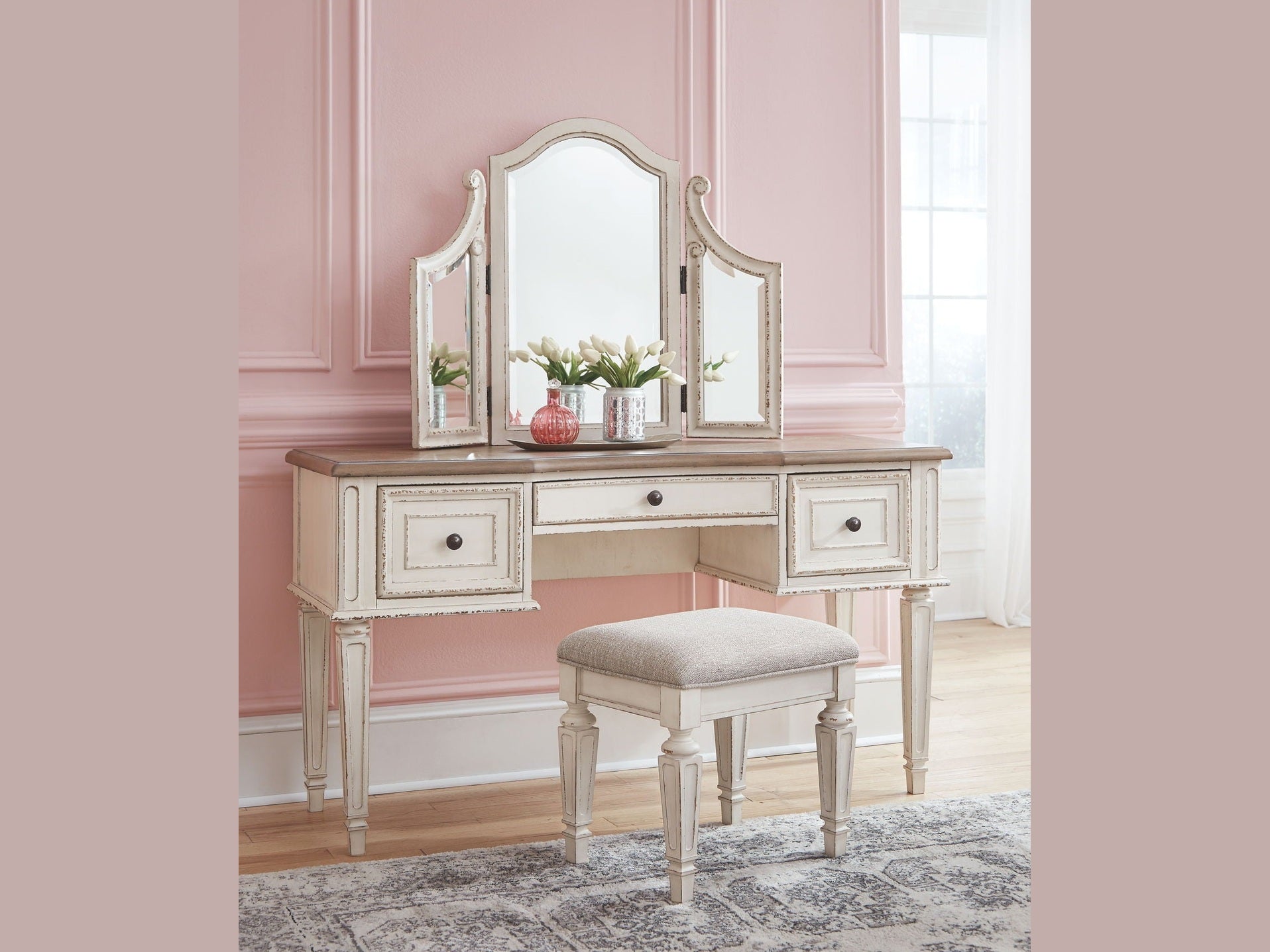 Realyn - Vanity/Mirror/Stool (Set of 3) - White / Brown / Beige