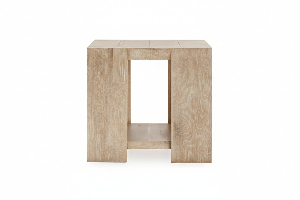 Wooden side table with a light finish on a white background