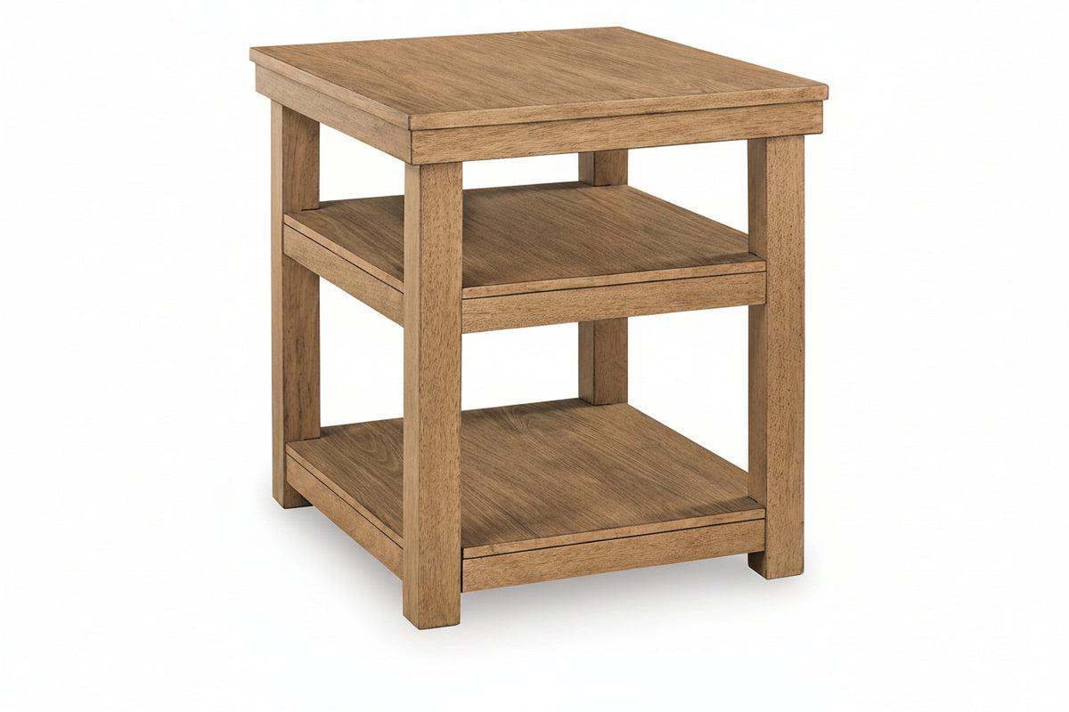 A square three-tier wooden end table with a warm medium brown finish and visible wood grain, shown on a plain white background.