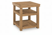 A square three-tier wooden end table with a warm medium brown finish and visible wood grain, shown on a plain white background.