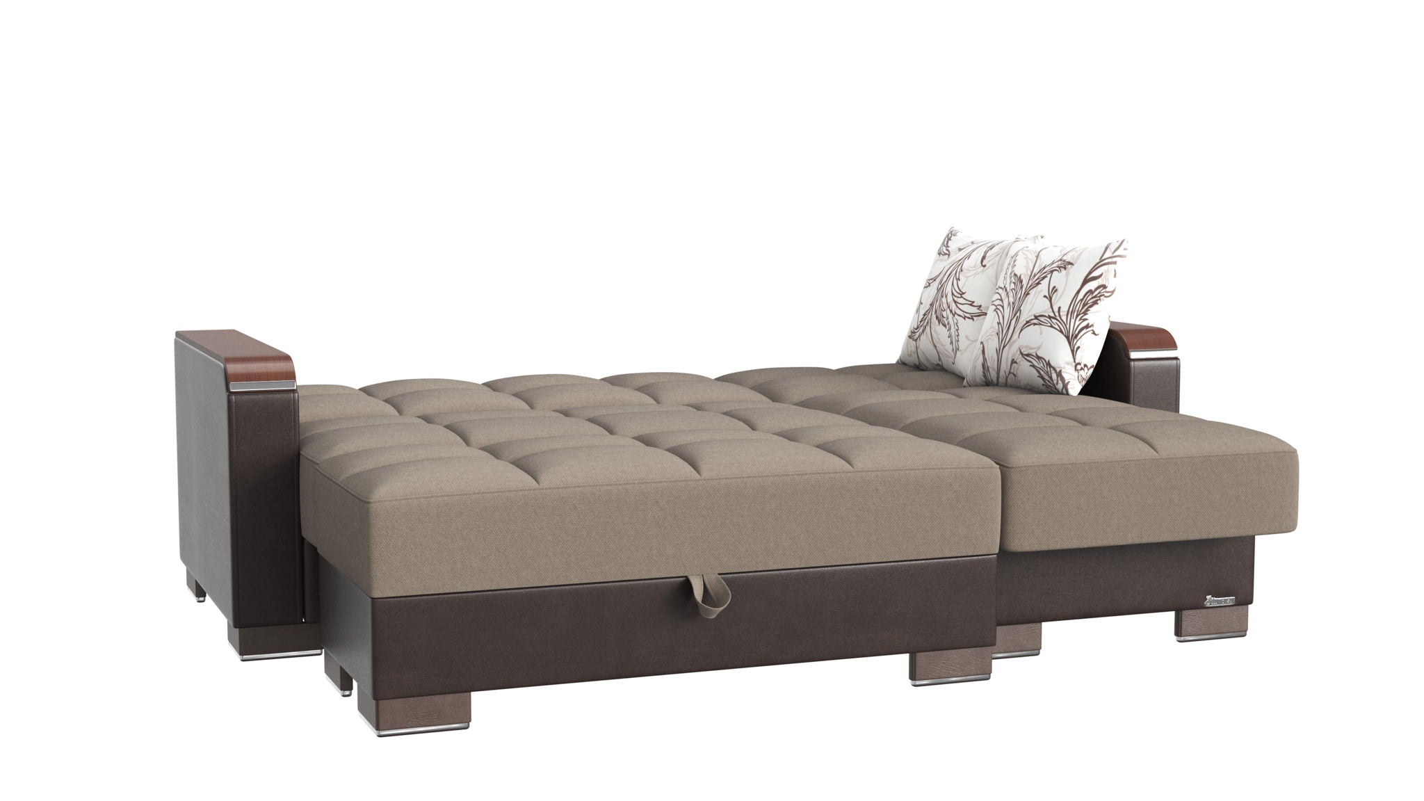 Ottomanson Armada X - Upholstered Convertible Wood Trimmed Chaise Lounge With Storage - Beige/Brown PU Chenille