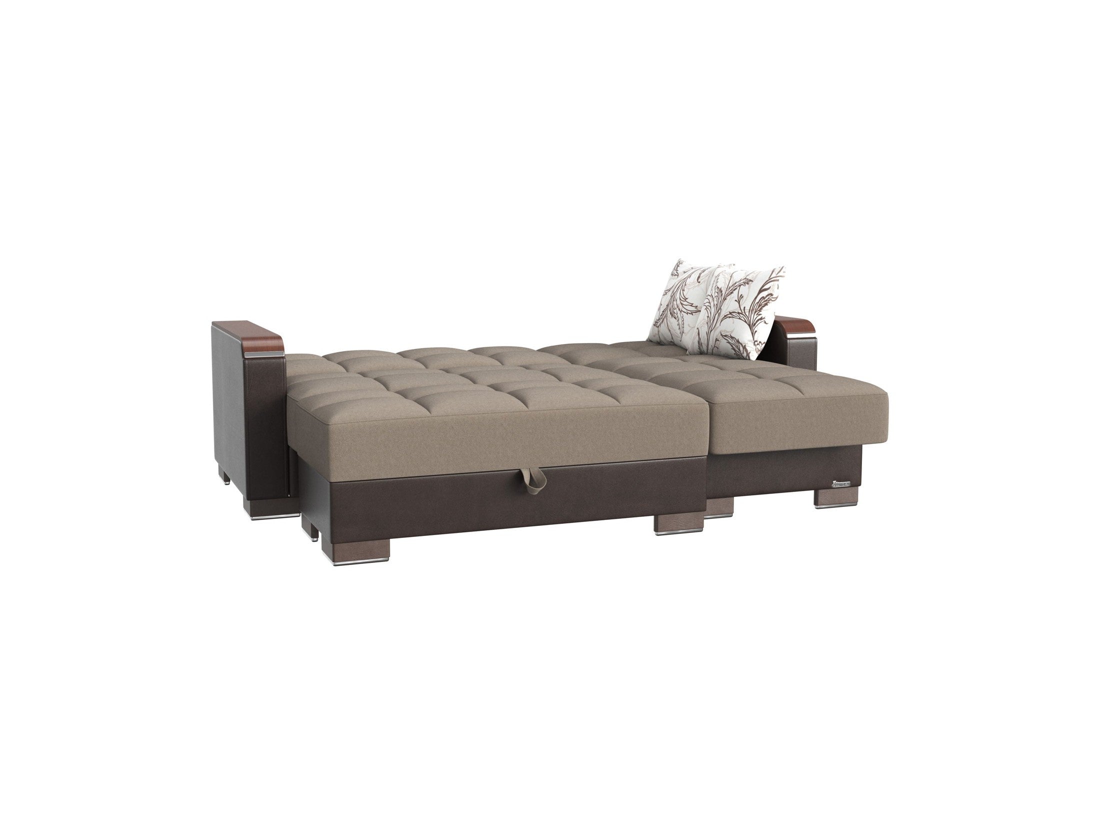 Ottomanson Armada X - Upholstered Convertible Wood Trimmed Chaise Lounge With Storage - Beige/Brown PU Chenille