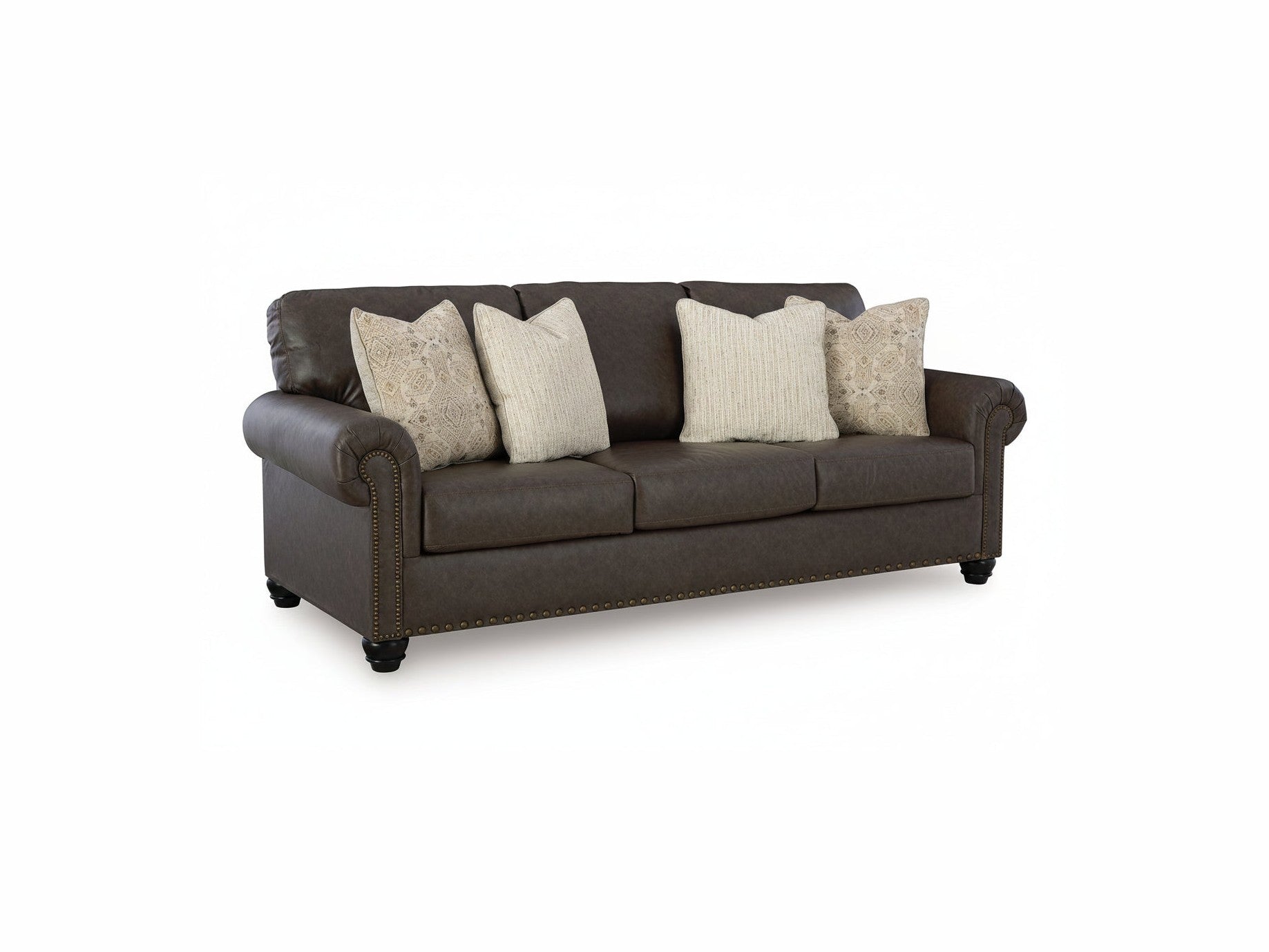 Roxmere brown leather sofa with decorative pillows on a white background.