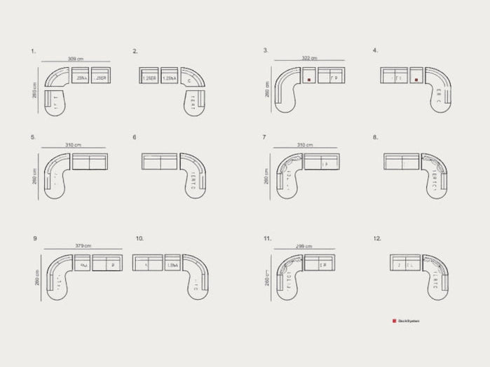 A technical diagram illustrates twelve distinct modular sectional sofa configurations with detailed floor plans and precise centimeter dimensions for customized living room layouts.