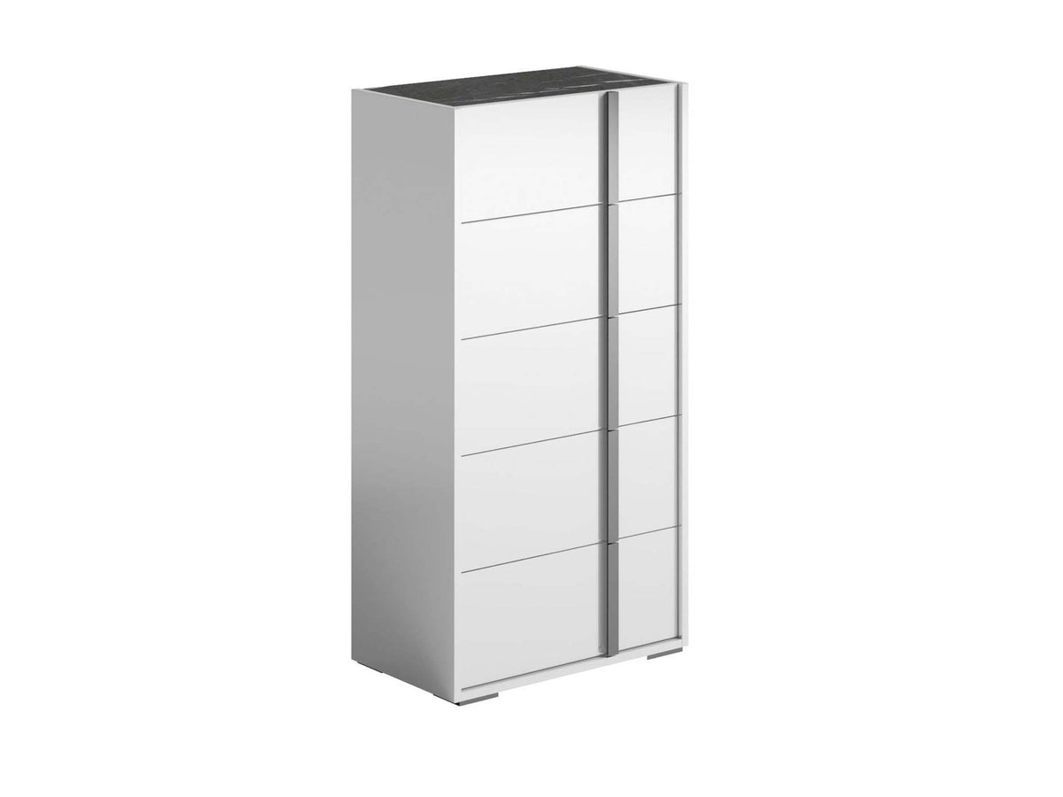 A tall, narrow modern storage cabinet with five drawers, featuring a glossy white finish and a dark gray top surface, shown on a plain white background.