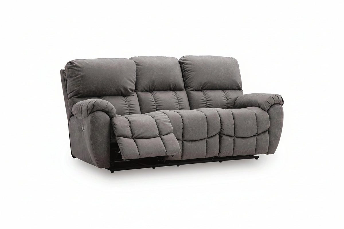 A three-seat power reclining sofa upholstered in textured gray fabric, shown with the left armrest extended, on a white background.