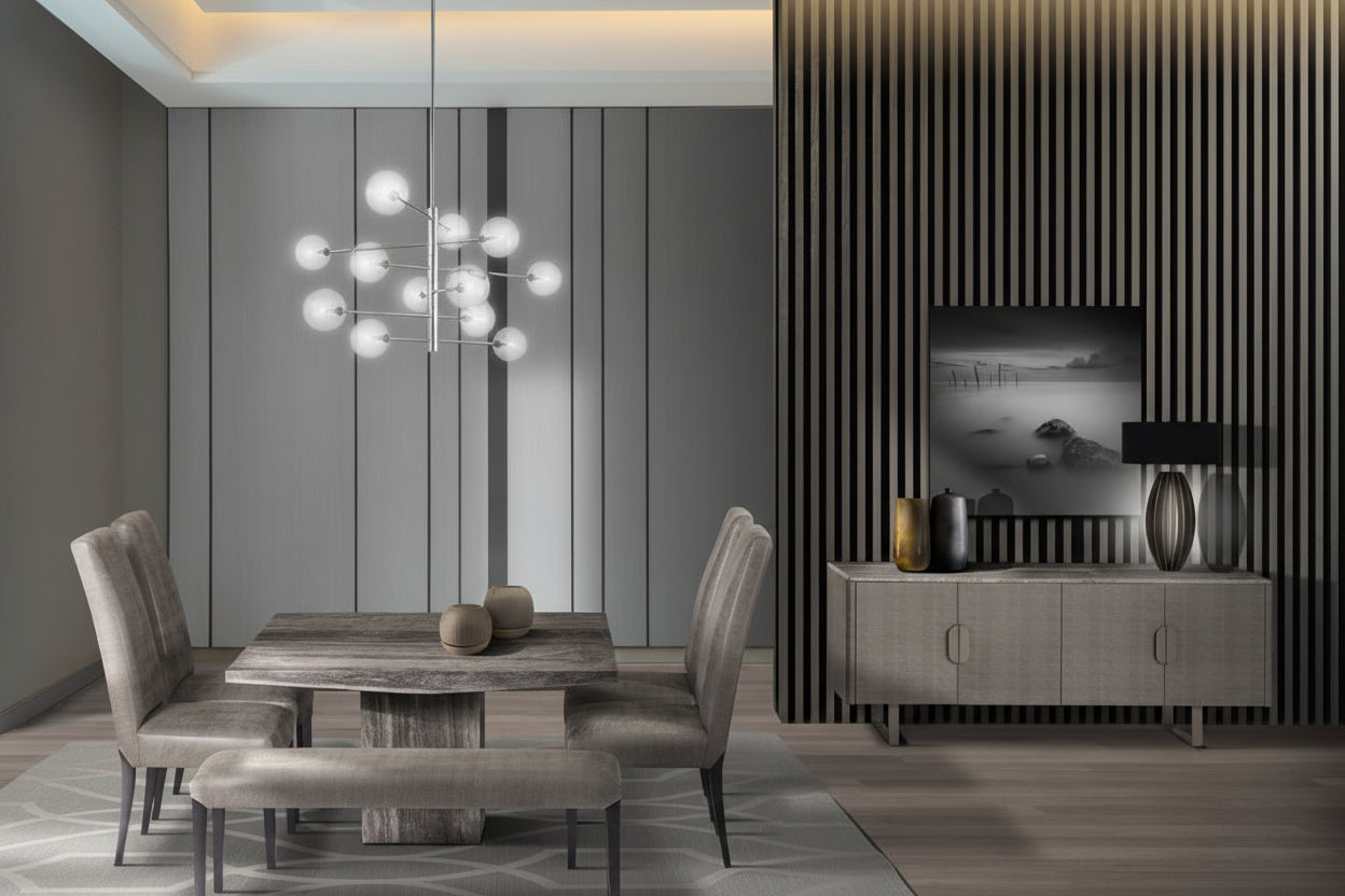 Modern dining room with gray furniture and decorative elements.