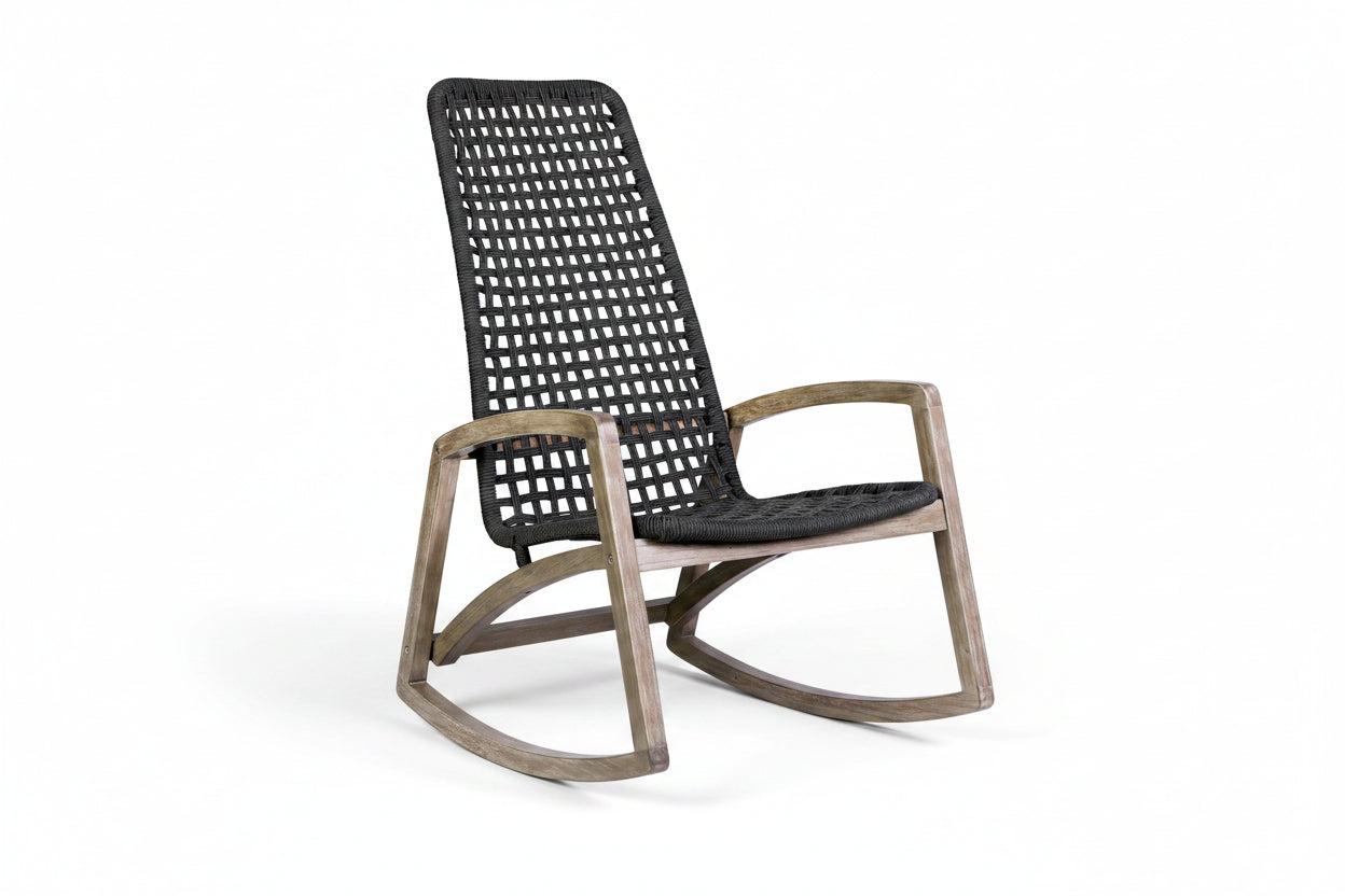 Rattan rocking chair with black woven backrest and wooden frame on a white background
