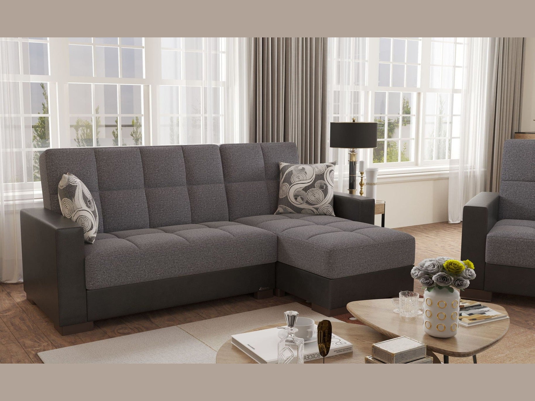 Ottomanson Armada - Upholstered Convertible Chaise Lounge With Storage - Gray/Black PU Polyester