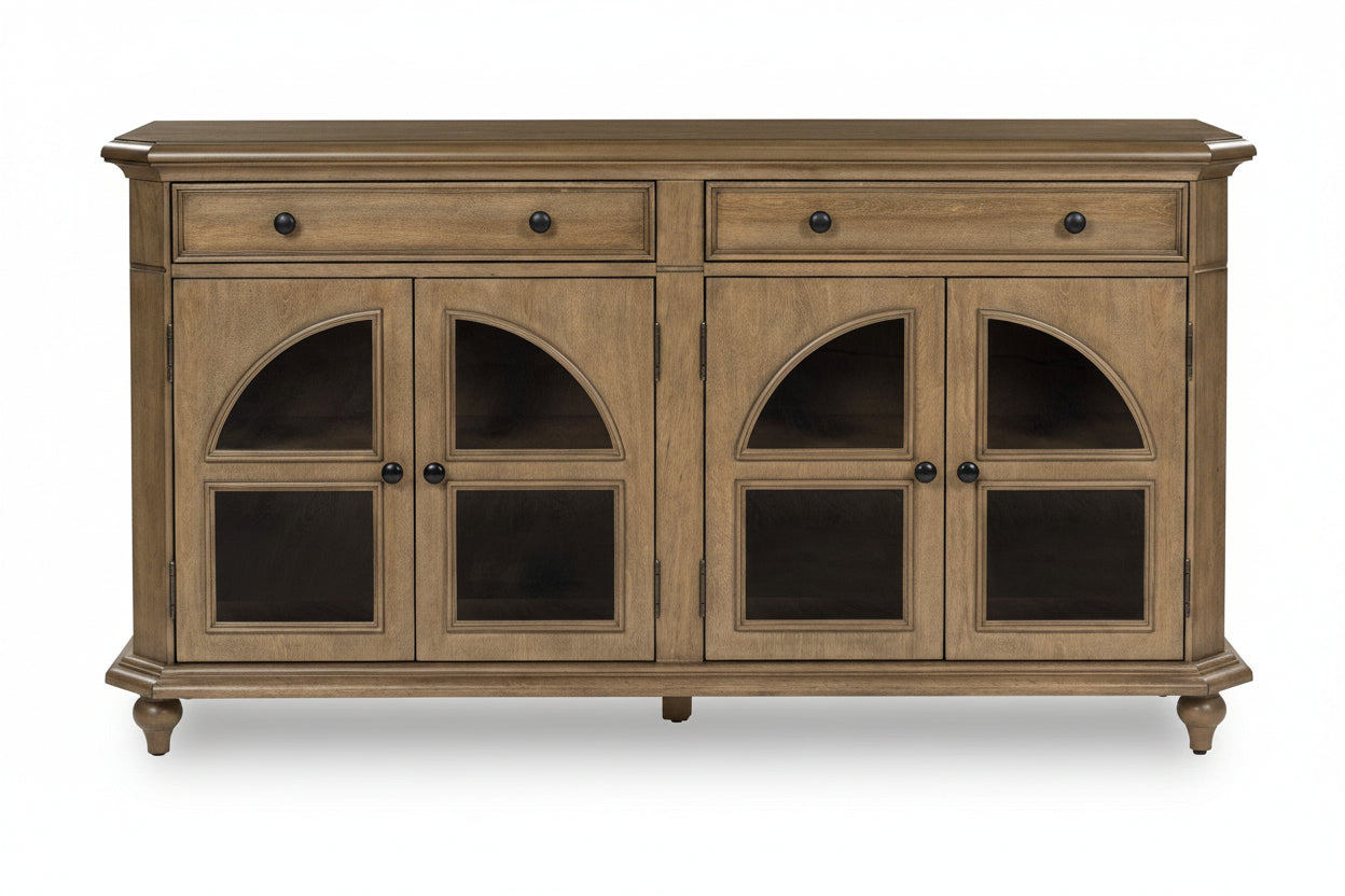 Wooden sideboard with glass doors and drawers on a white background