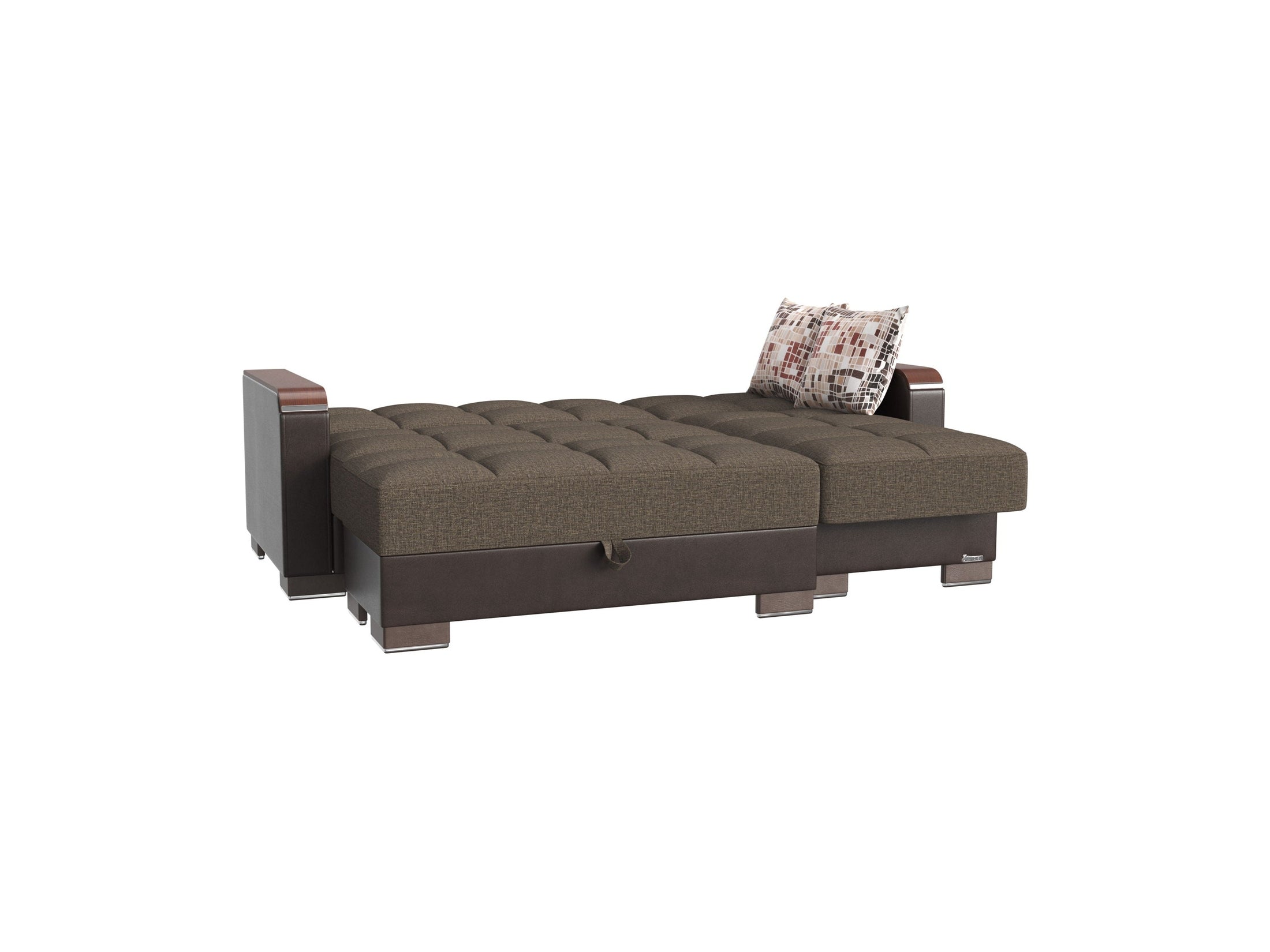 Ottomanson Armada X - Upholstered Convertible Wood Trimmed Chaise Lounge With Storage - Brown PU Polyester