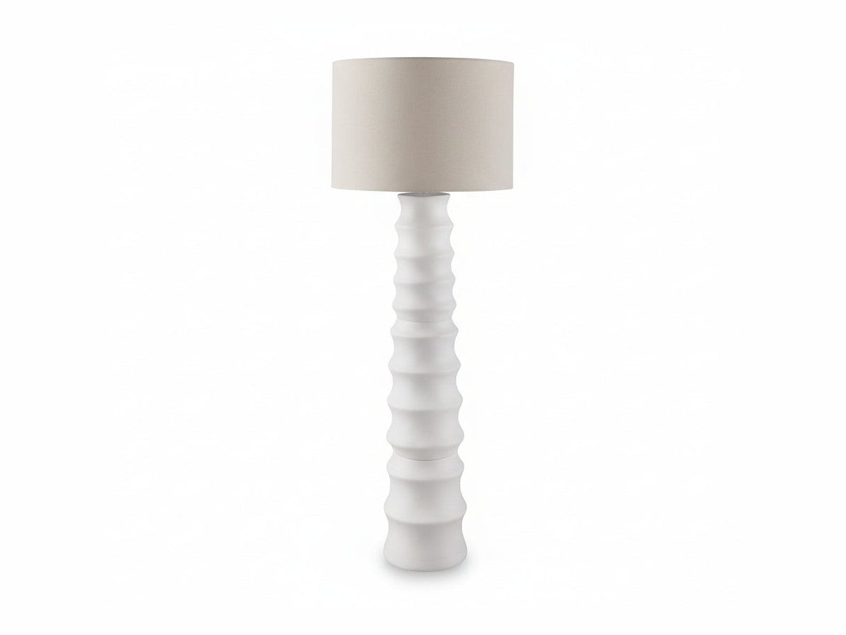 Veraleight white textured floor lamp with a beige lampshade on a white background.
