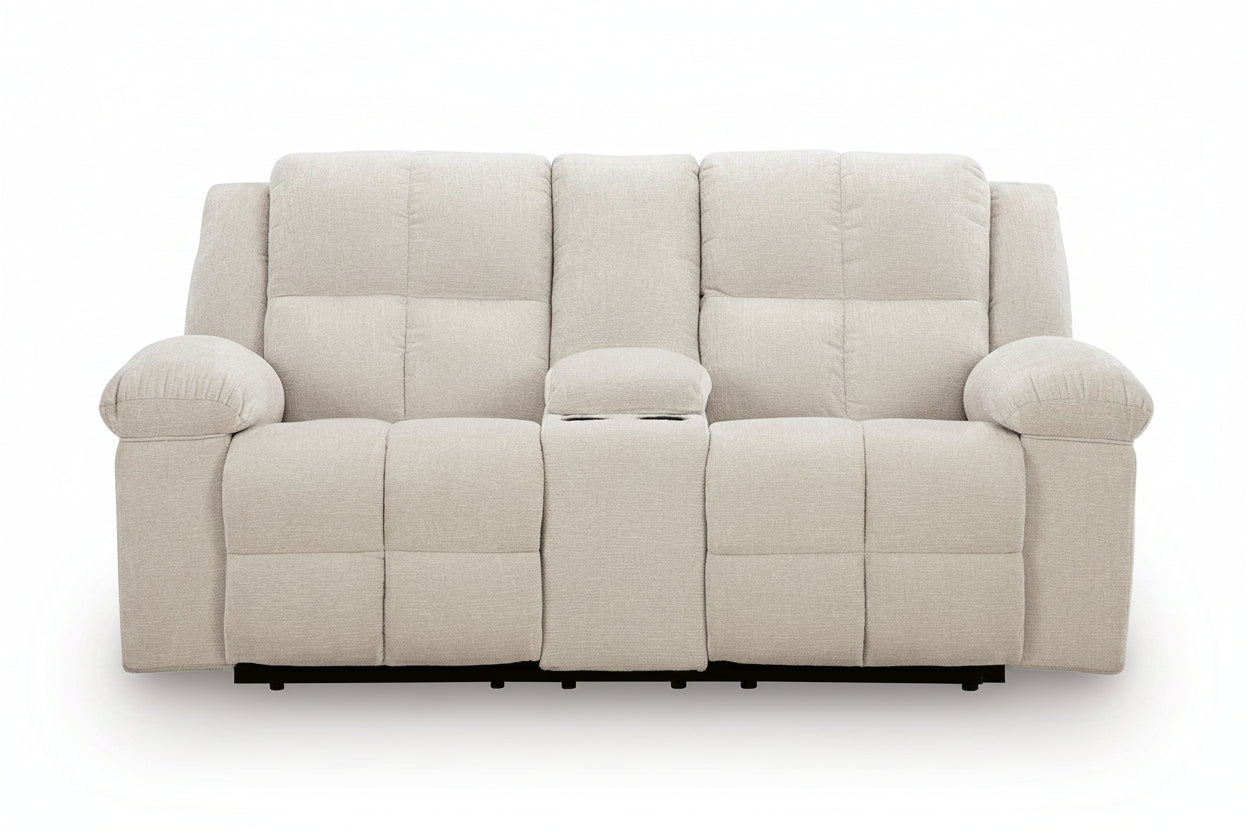 Orlen beige sofa with reclining feature on a white background.
