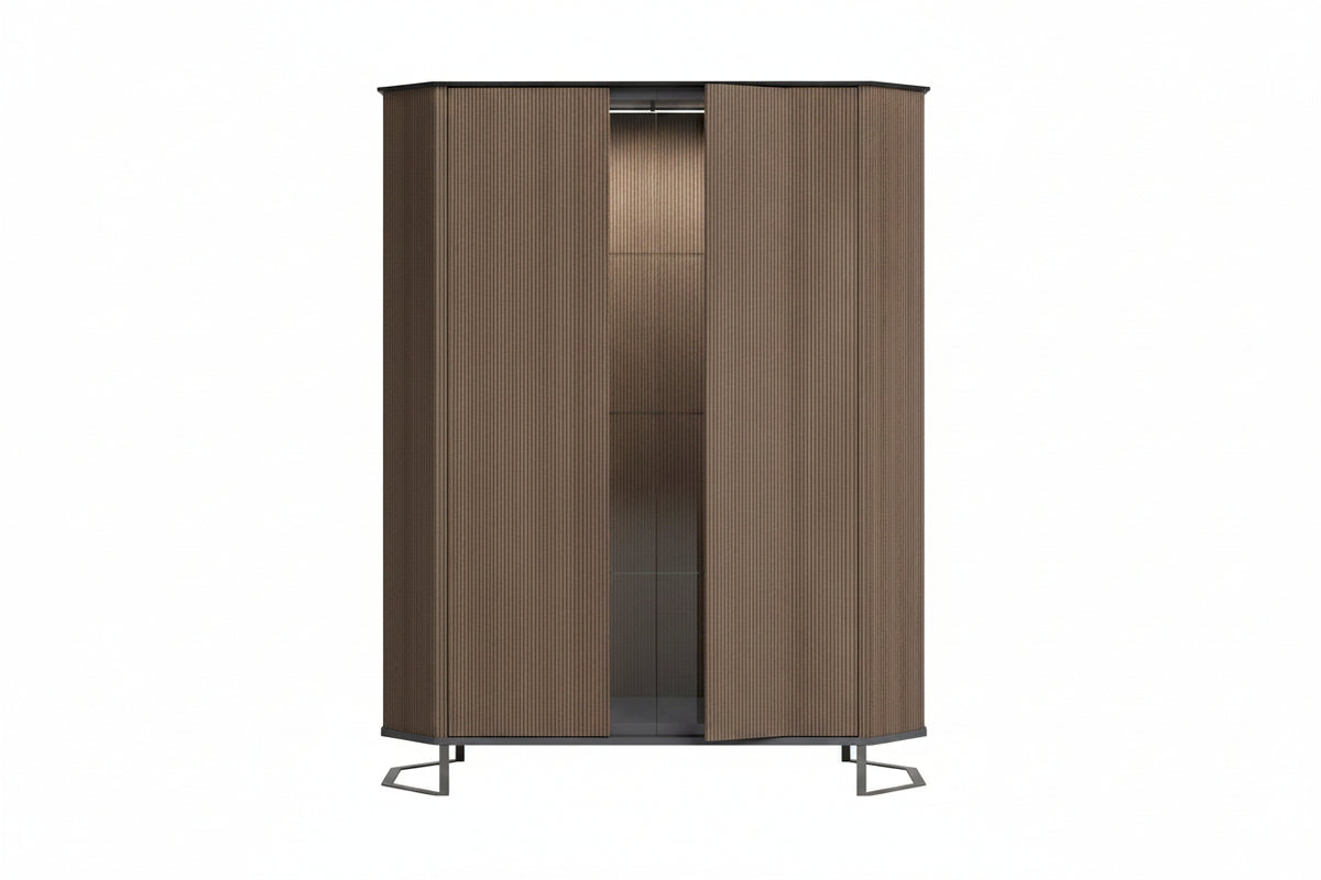 A modern tall wardrobe or closet cabinet with two vertical wood-grain doors in a medium brown finish, shown open to reveal a dark interior. The cabinet has a slim black top and bottom trim with small metal feet at the bottom.