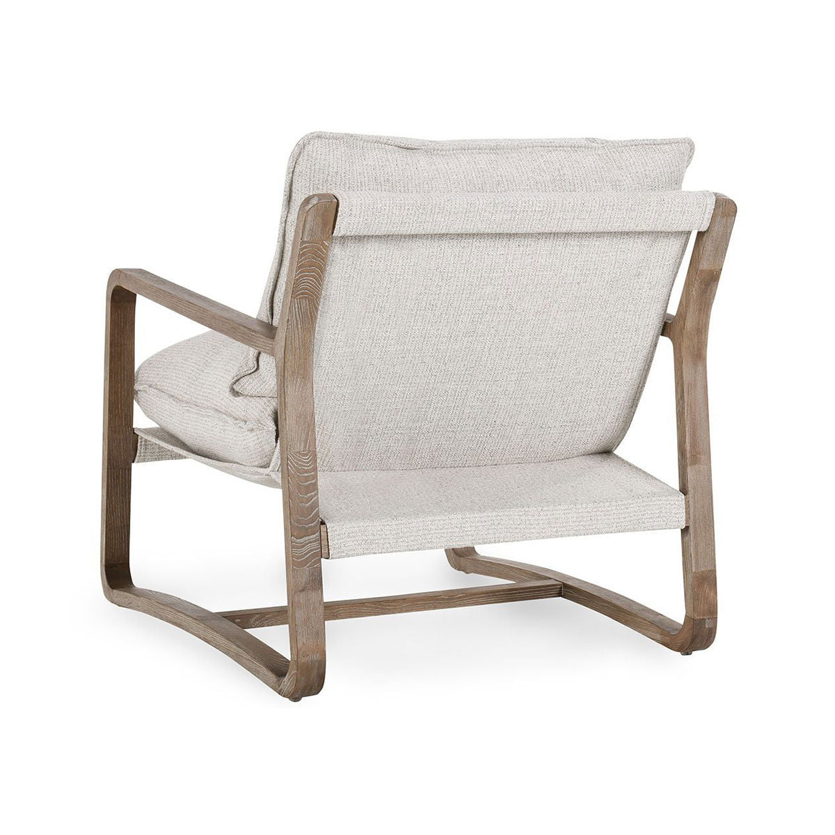 Chair with wooden frame and light gray cushion on a white background