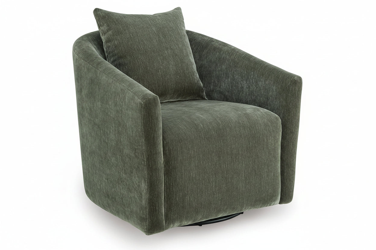 A modern barrel-style swivel armchair upholstered in textured olive green fabric, featuring a matching throw pillow and a black circular swivel base, shown on a plain white background.