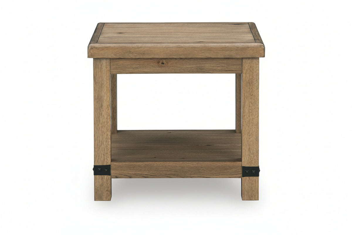 A rustic wooden end table with a medium brown finish, featuring black metal corner brackets on the legs, shown against a plain white background.