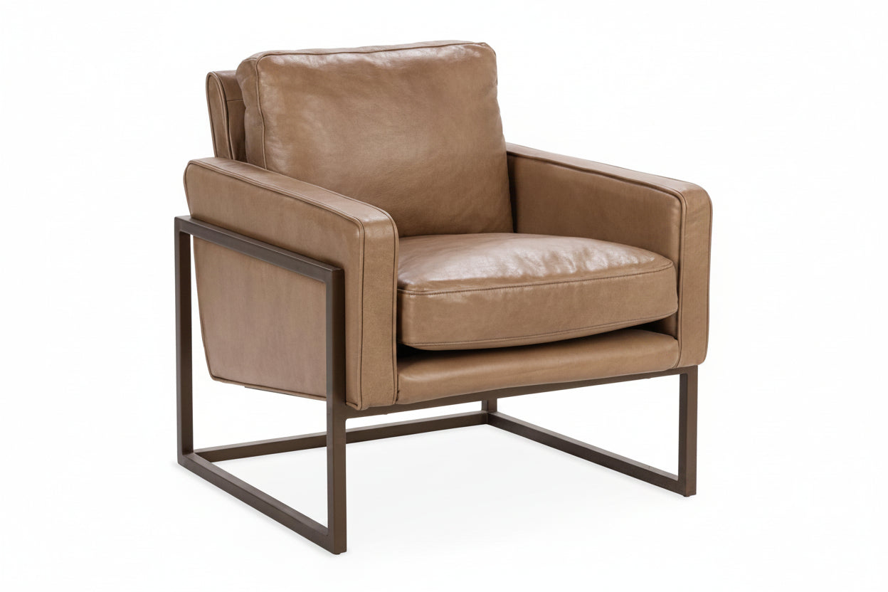 Brown leather armchair with metal frame on a white background