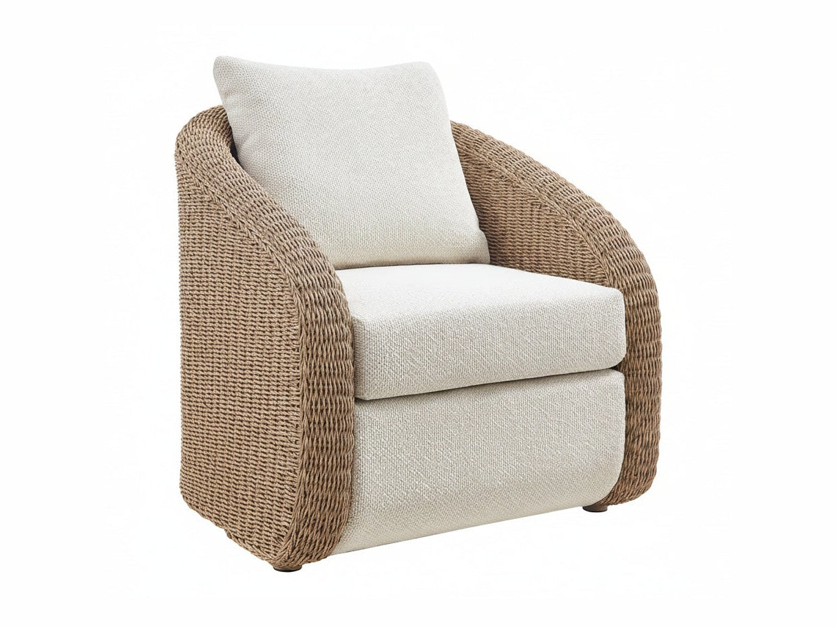 Chair with woven armrests and white cushion on a white background