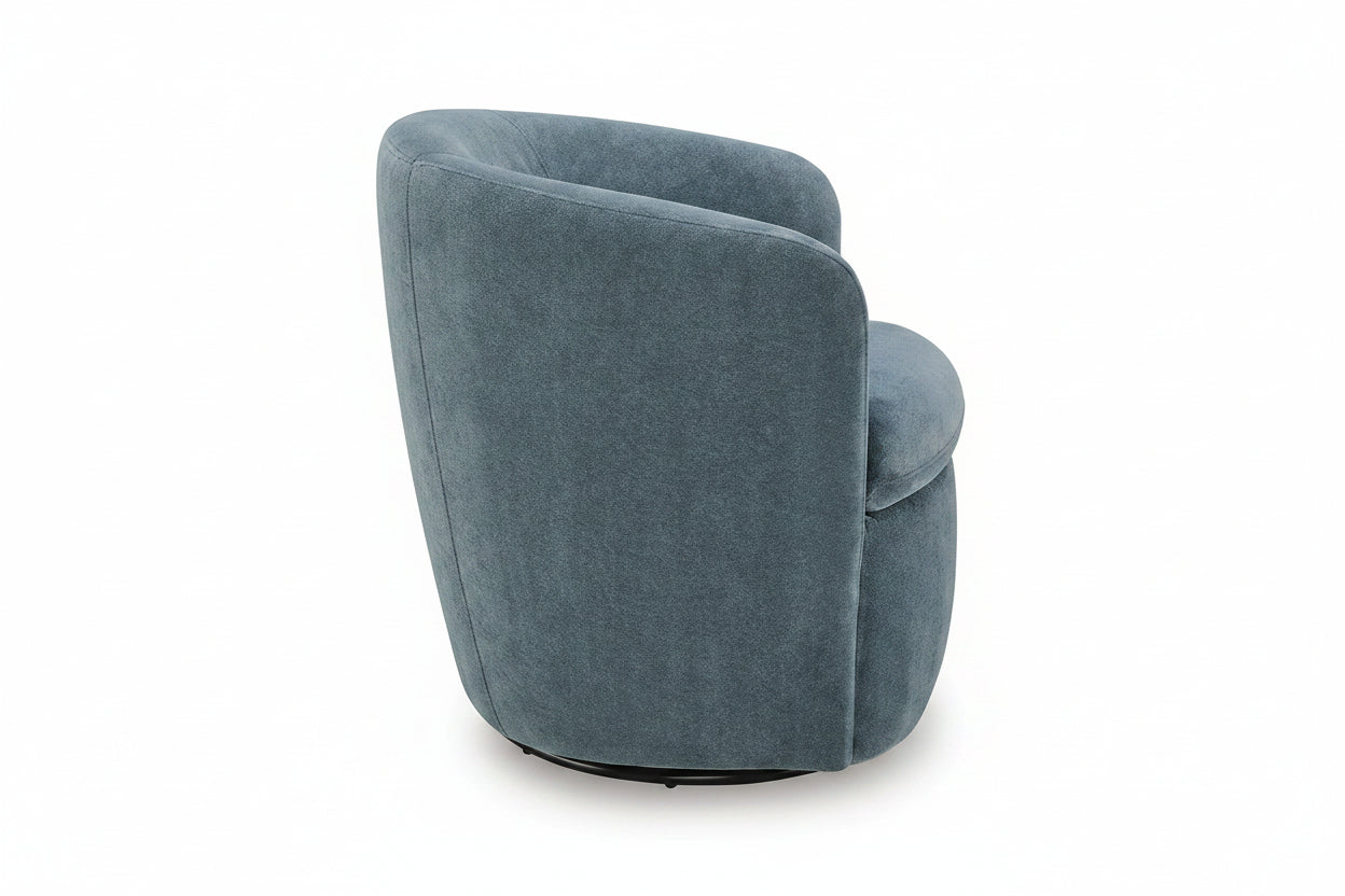 A modern barrel-style swivel armchair upholstered in textured blue-gray fabric, shown from a three-quarter angle on a white background.