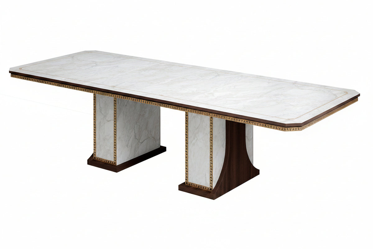 Dining table with marble-like top and wooden legs on a white background