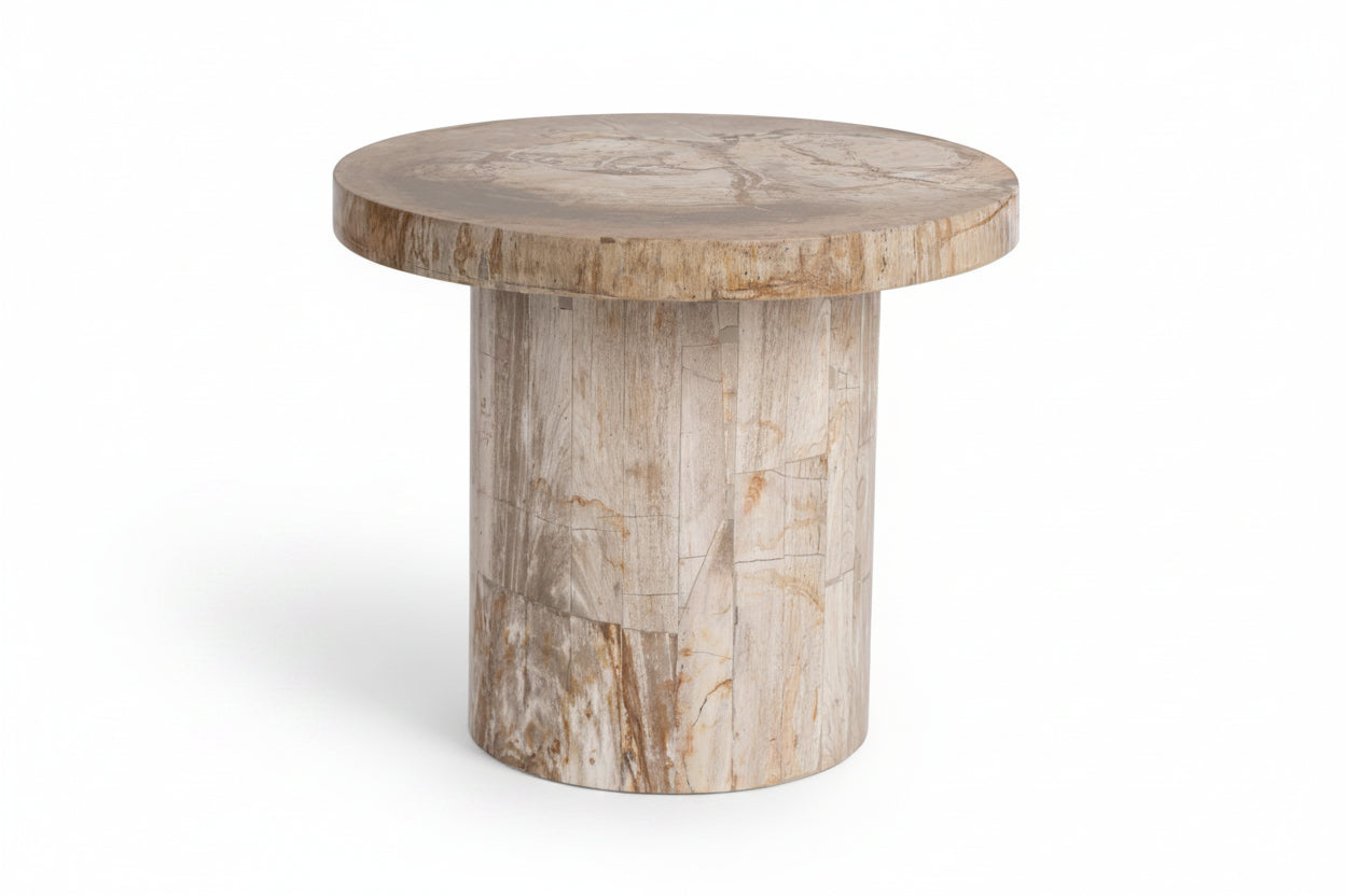 Round wooden side table with a natural, Petrified wood finish on a white background