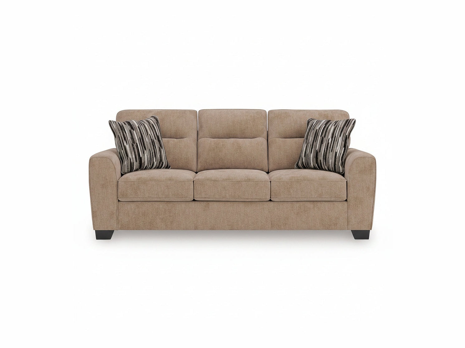 Olten beige sofa with patterned cushions on a white background.