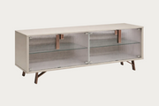 4-Glass door entertainment console with glass shelves on a white background