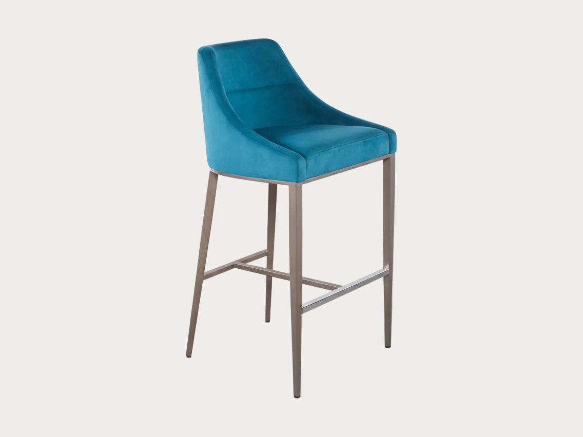 Senna blue bar stool with metal legs on a white background.