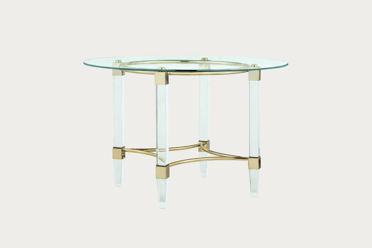 4038 glass-top dining table with gold accents on a white background