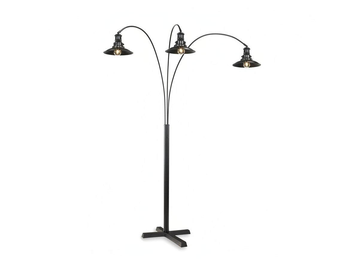 Sheriel three-arm floor lamp with vintage-style shades on a white background