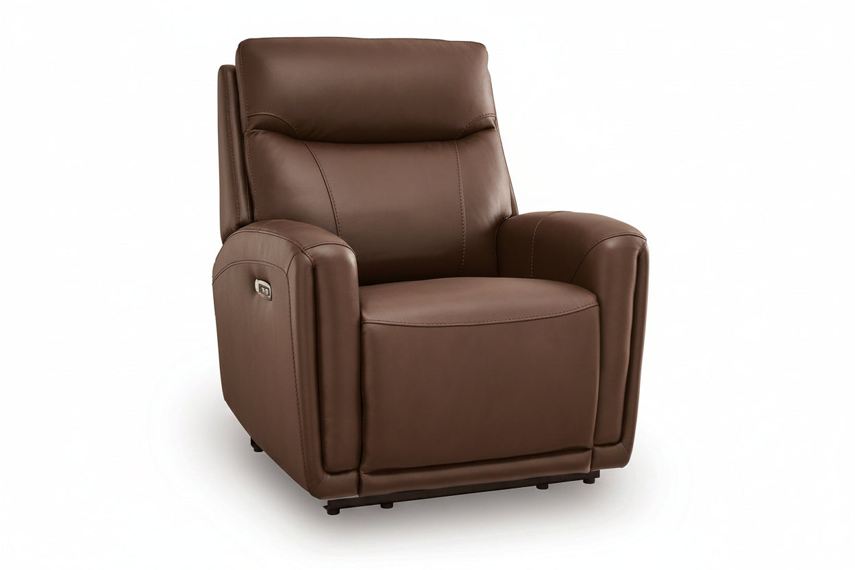 A brown faux leather power recliner chair with a high back, padded headrest, and side control buttons, shown on a white background.