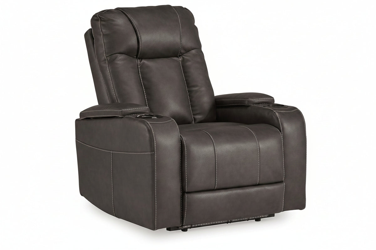 A dark brown faux leather recliner chair with padded headrest, wide armrests, and built-in cup holders on the outer sides, shown on a plain white background.