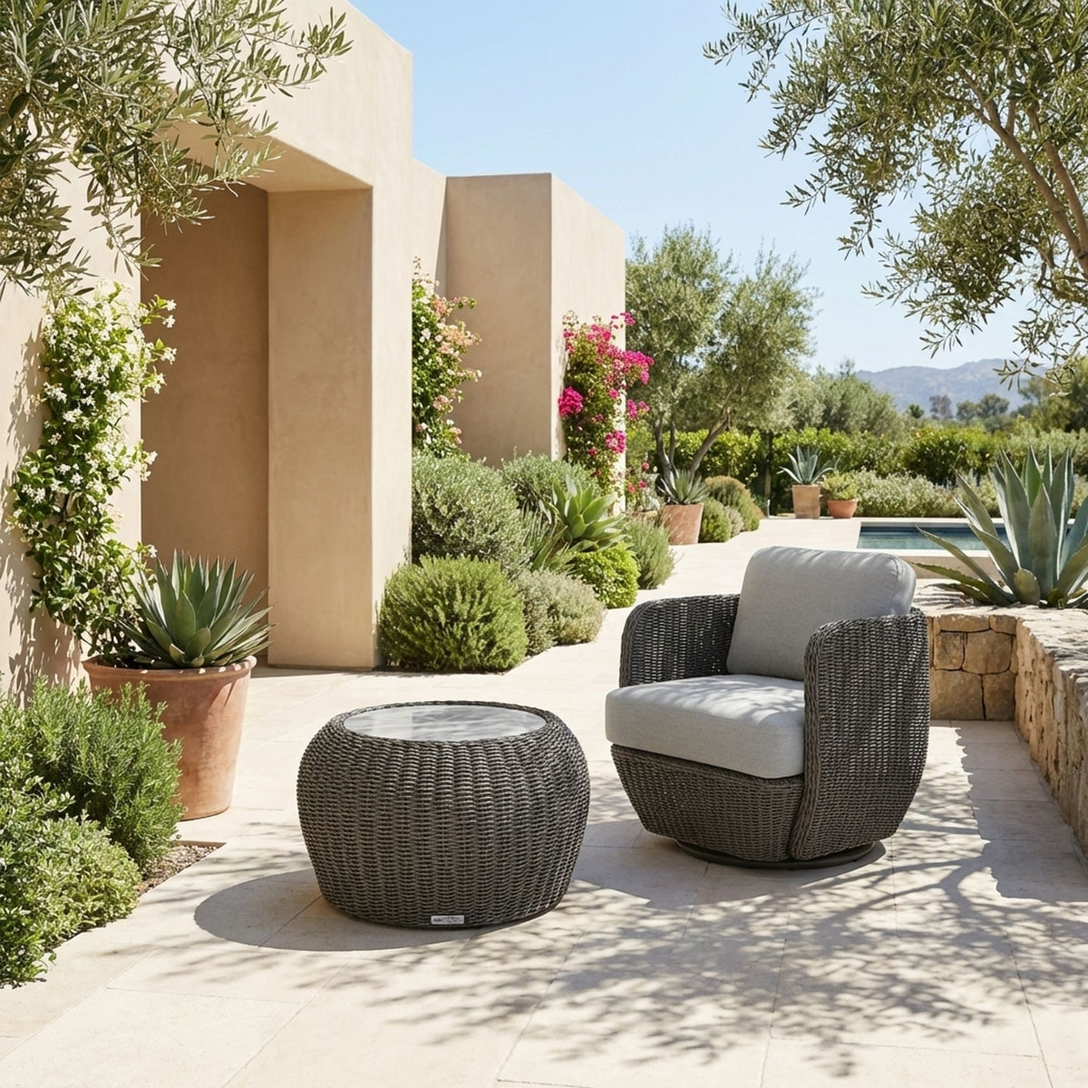 Amira - Outdoor Round Sintered Stone Side Table With Woven Rattan Body And Aluminum Frame - Deep Bronze