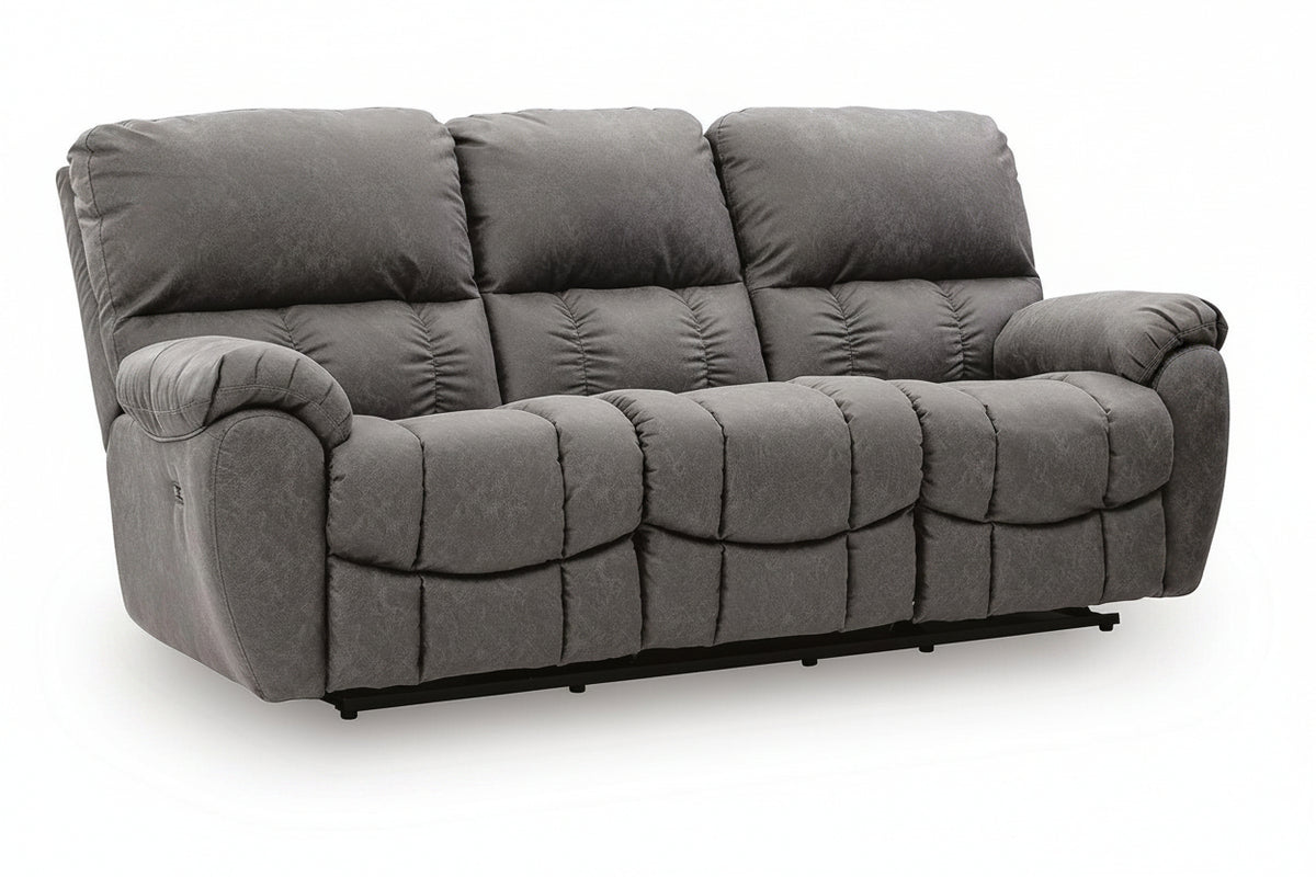 A three-seat power reclining loveseat sofa upholstered in textured gray fabric, shown from a three-quarter angle on a white background.