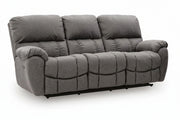 A three-seat power reclining loveseat sofa upholstered in textured gray fabric, shown from a three-quarter angle on a white background.
