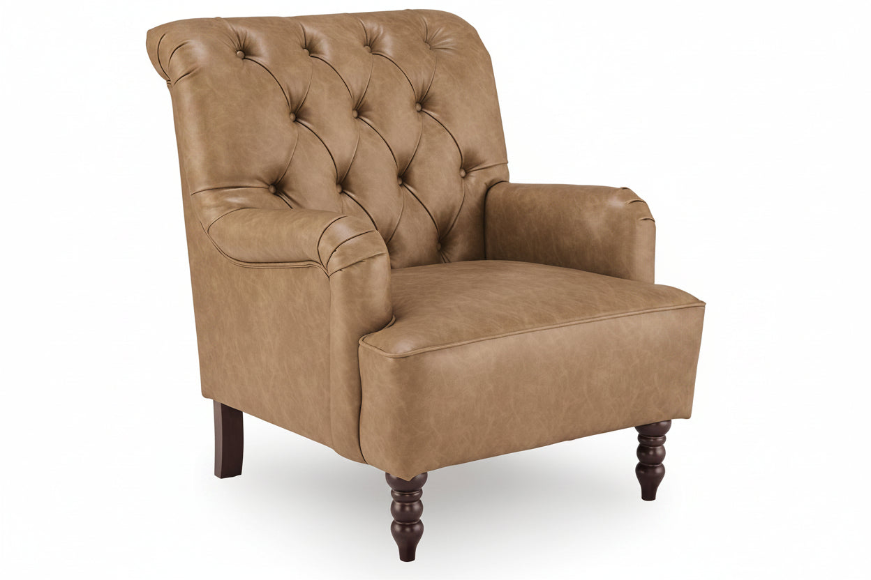 A classic tufted armchair in a warm tan leather or faux leather, featuring dark brown turned wooden legs, shown against a plain white background.