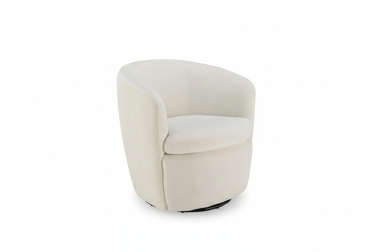 A cream-colored upholstered barrel swivel chair with a curved backrest and a black circular base, shown against a plain white background.
