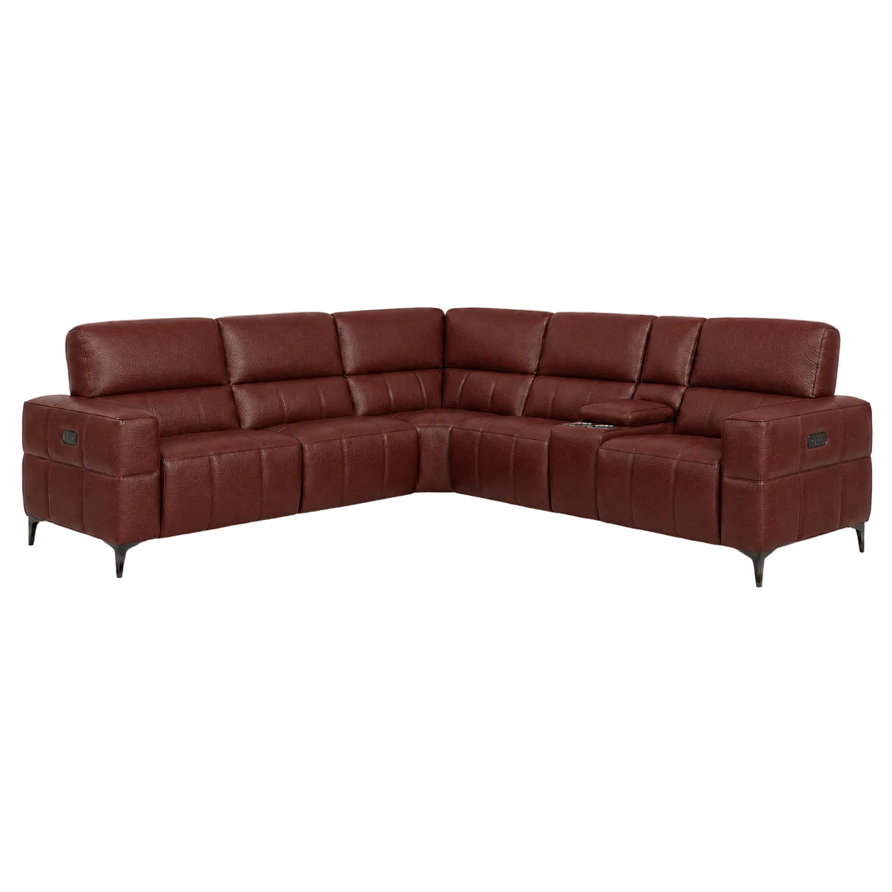 A modern L-shaped sectional sofa upholstered in deep burgundy leather, featuring tufted channel stitching, segmented back cushions, and slim black metal legs, shown against a plain off-white background.