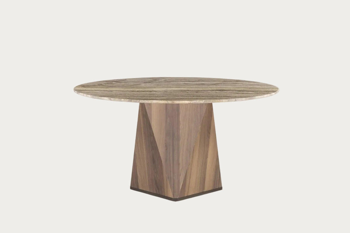 Diamond roundtop dining table with a geometric base on a white background
